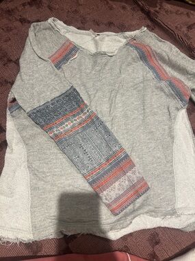 Free People Heather Gray Sweater with Navy and Coral Patterned Sleeves